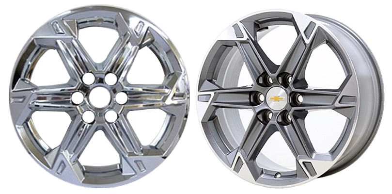 Chevrolet Blazer 2023-2024 Chrome, 6 Spoke, Plastic Hubcaps, Wheel Covers, Wheel Skins, Imposters. Fits 18 Inch Alloy Wheel Pictured On Right. Part Number IMP-8023PC